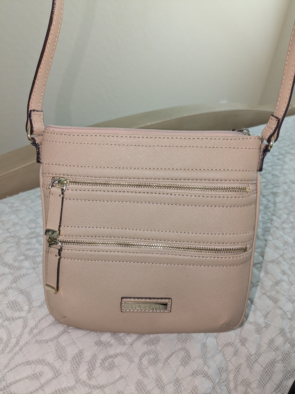 Calvin Klein Saffiano Leather Crossbody Bag – Beige/Nude